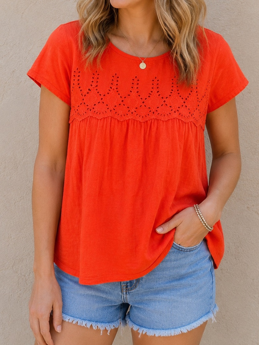Jachs Girlfriend Eyelet Embroidered Peasant Top Coral Orange XXL Boho Cotton